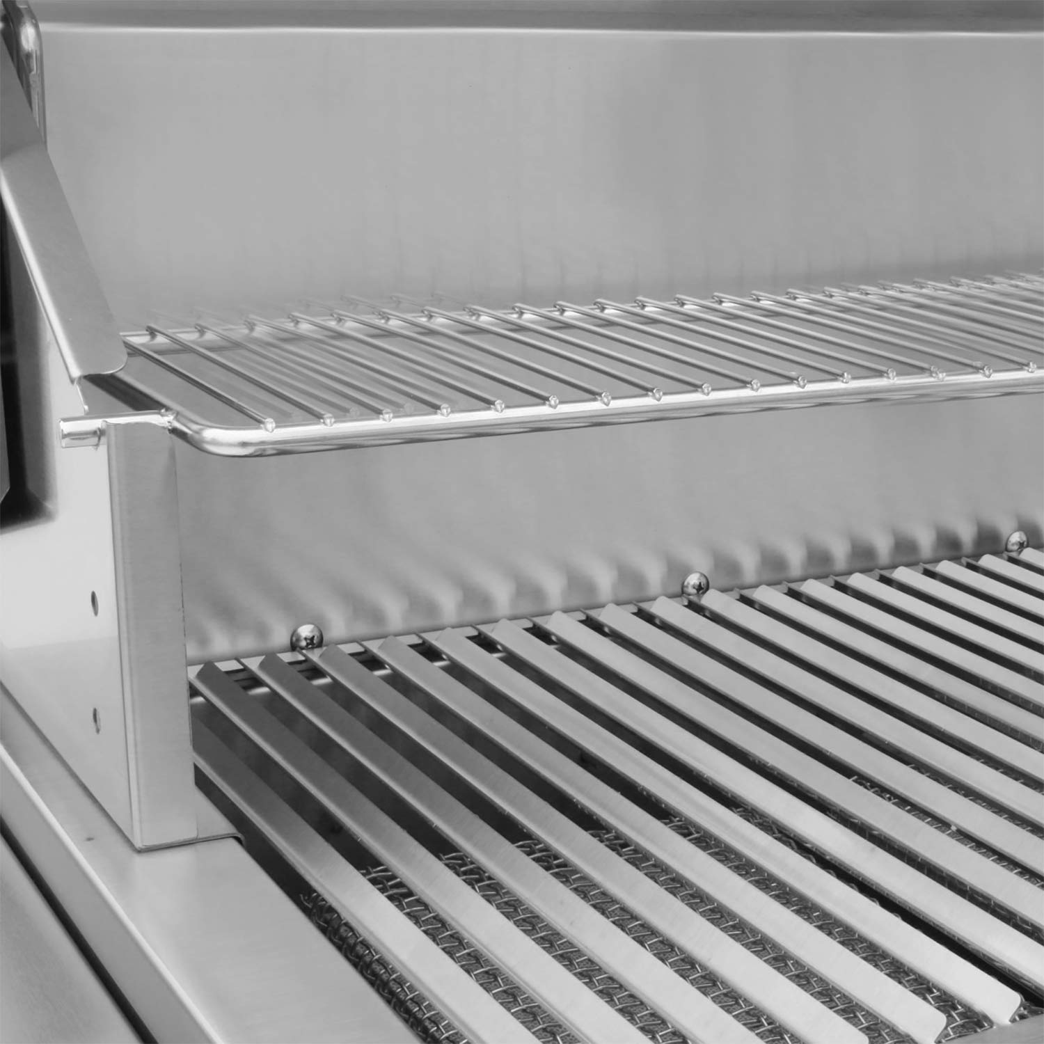 Stainless steel grill cooking grates with heat shield and front burner area