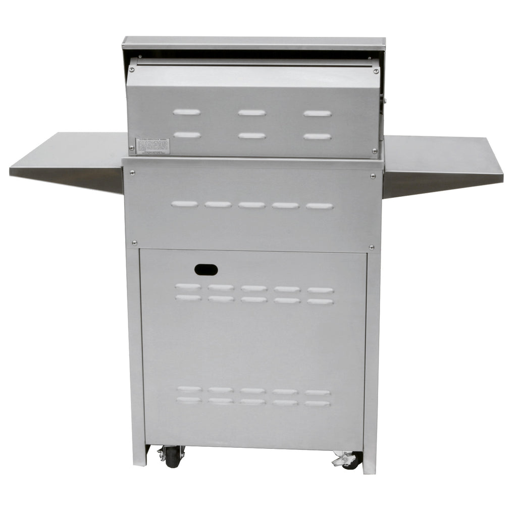 Stainless steel grill back panel with vent holes and rear access door