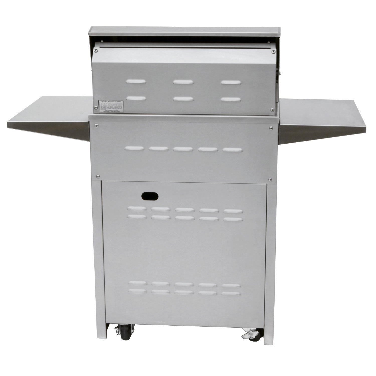 Stainless steel grill back panel with vent holes and rear access door