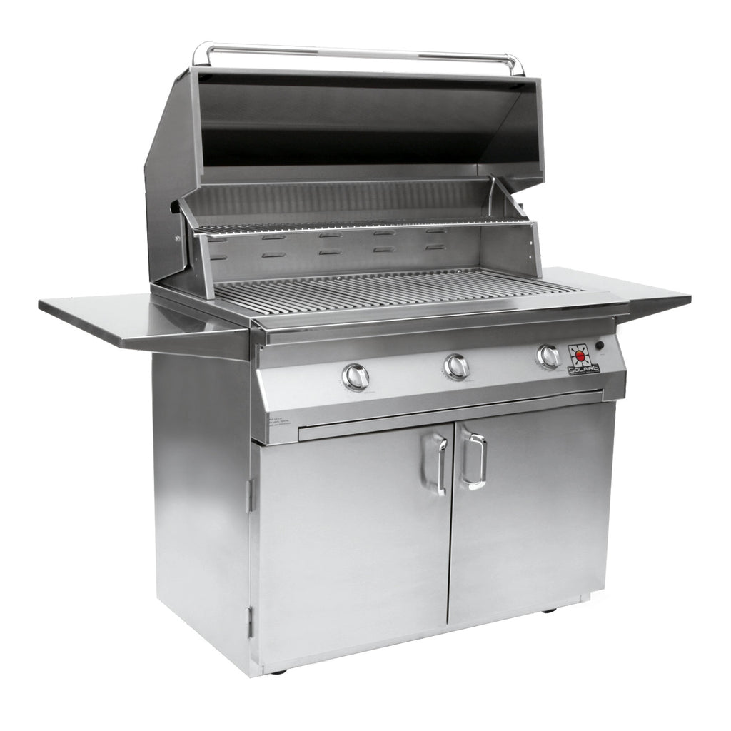 Freestanding stainless steel grill with lid open, side shelves, and two control knobs