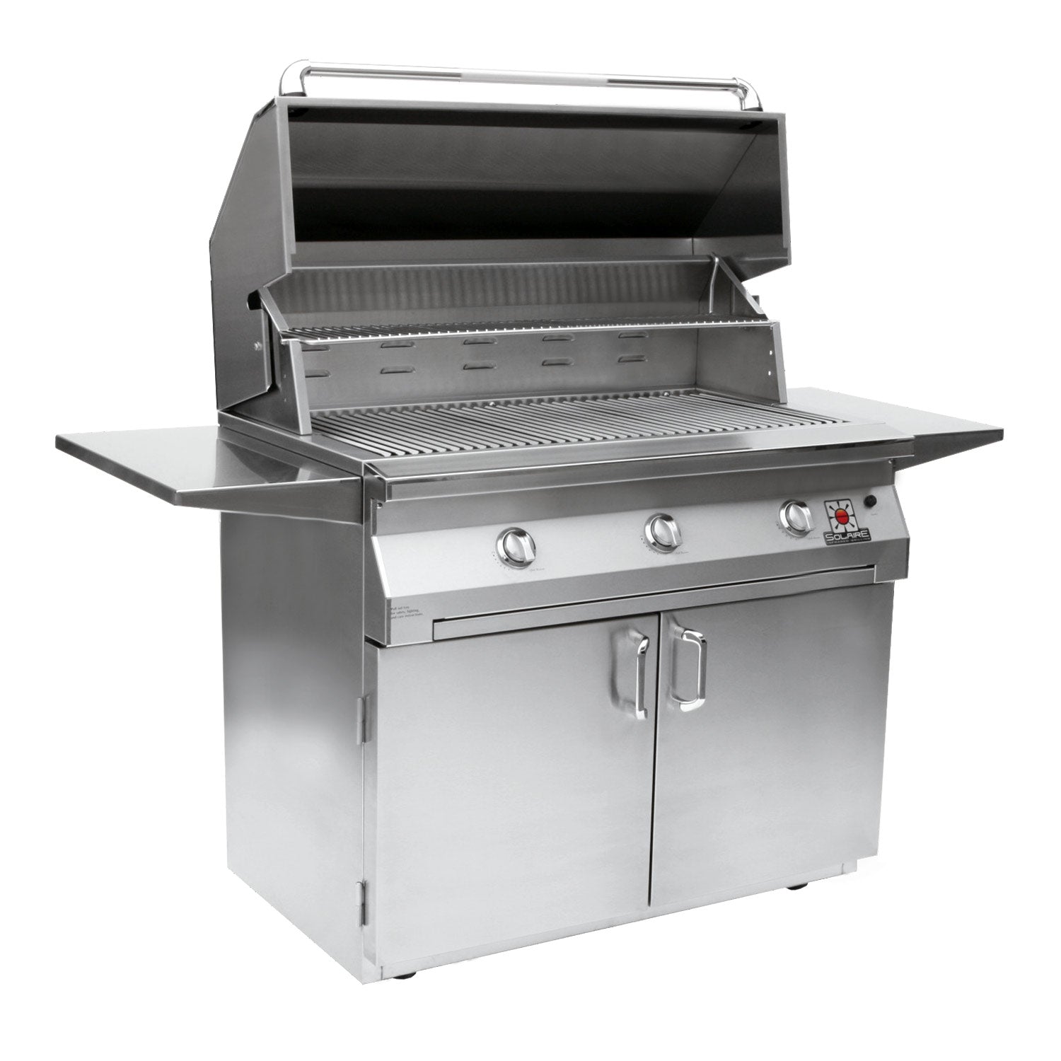 Freestanding stainless steel grill with lid open, side shelves, and two control knobs