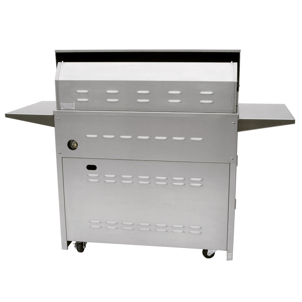 Freestanding stainless steel grill with rear vent panel and side shelves