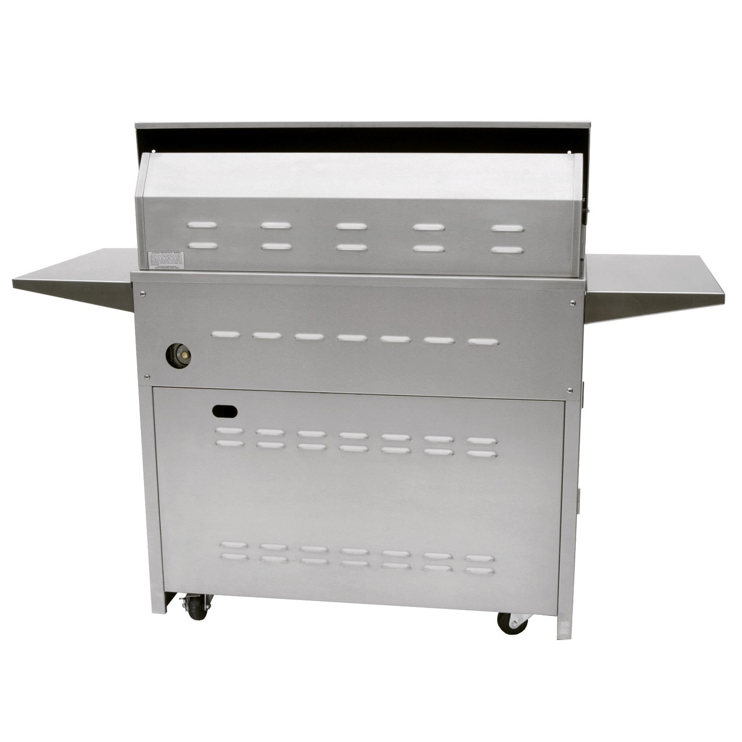 Freestanding stainless steel grill with rear vent panel and side shelves