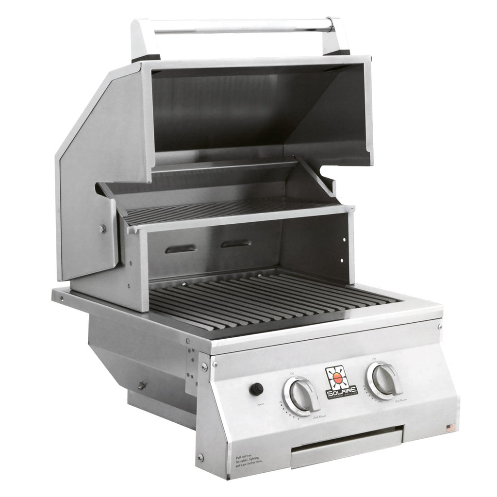 Built-in gas grill with open hood and warming area, stainless steel cooking grate