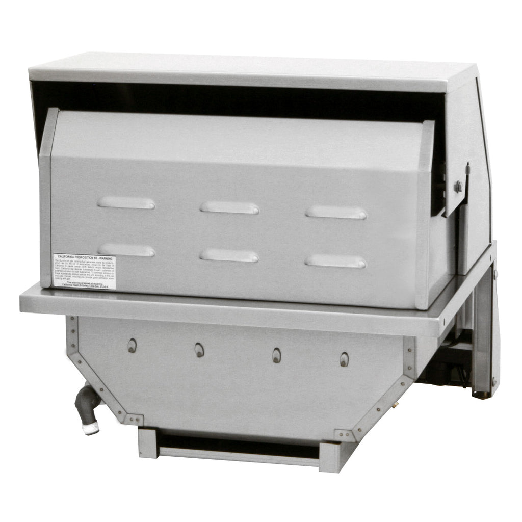 Built-in grill with lid open, stainless firebox, side handles and hinge hardware
