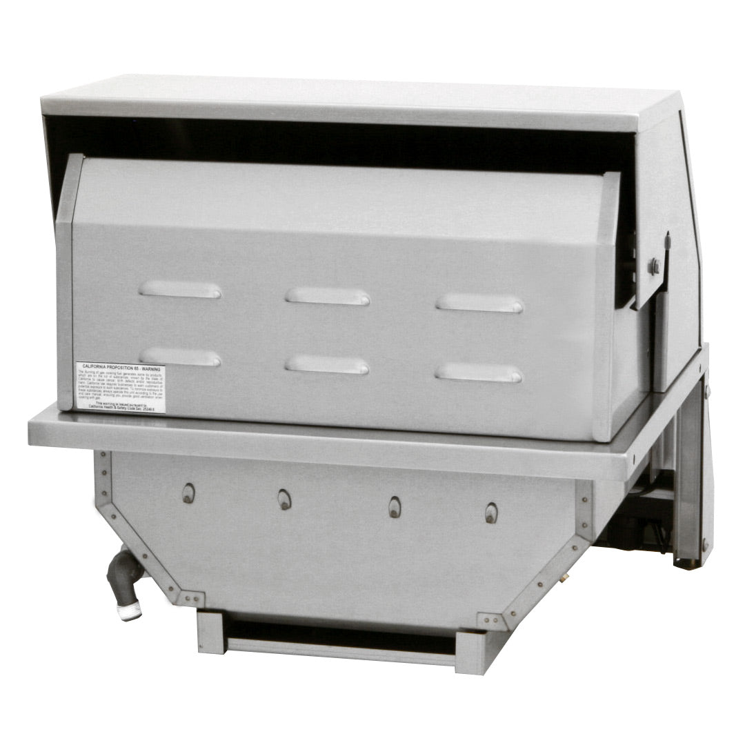 Built-in grill with lid open, stainless firebox, side handles and hinge hardware