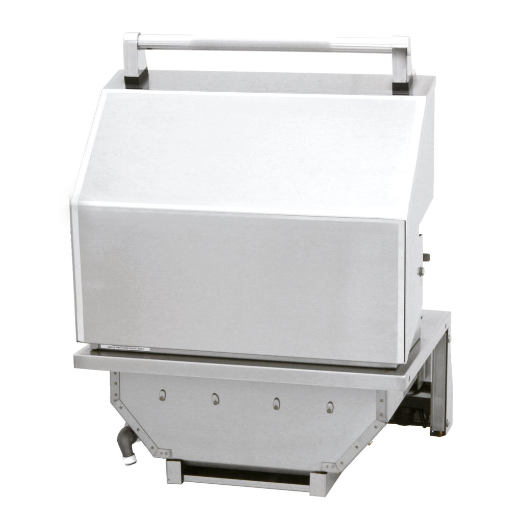 Built-in grill with closed lid, stainless steel body, front legs and side panel