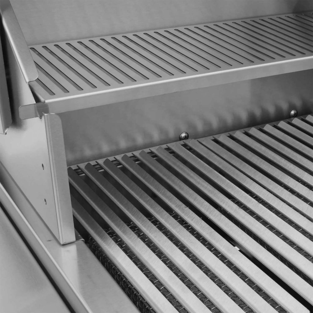 Built-in grill cooking grates with stainless housing and open lid frame.
