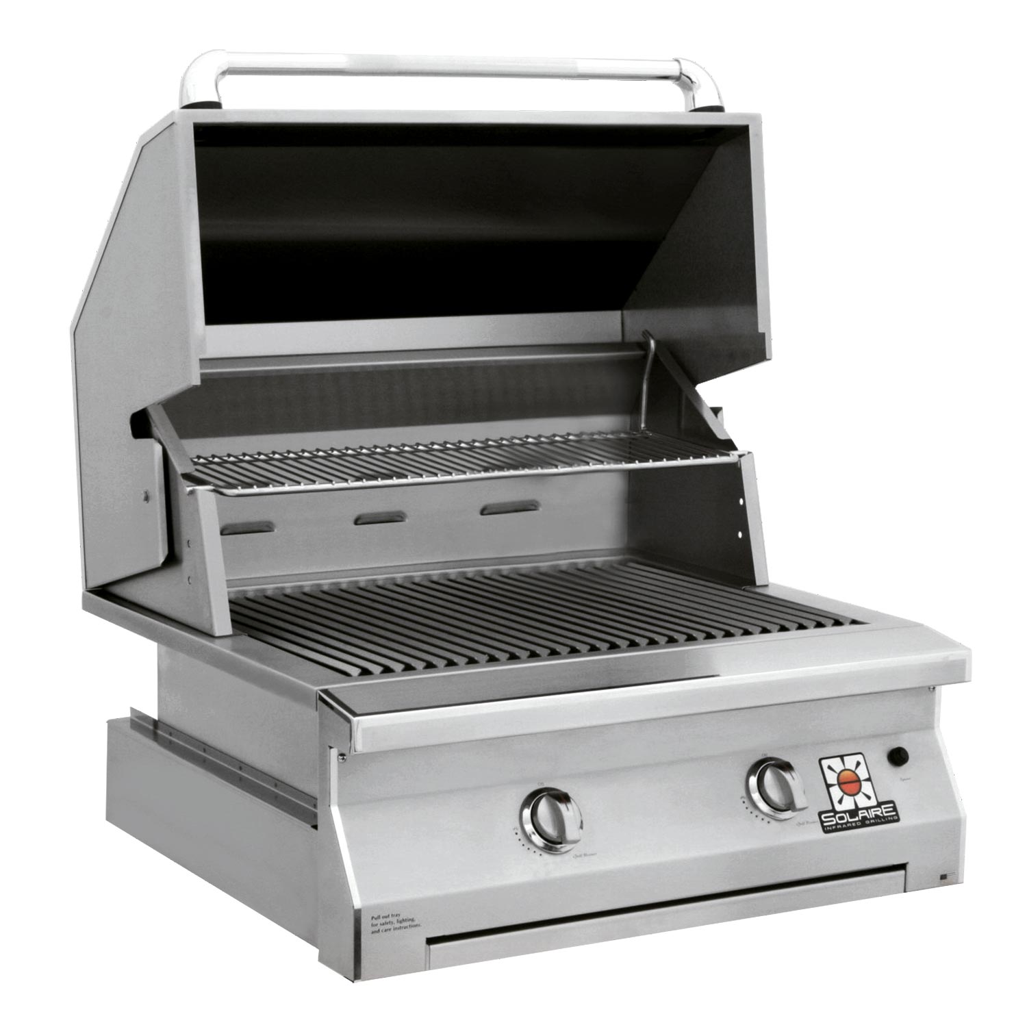 Stainless built-in grill with open lid, interior grates and burner area