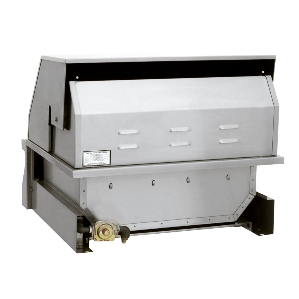 Built-in grill with open hood and rear burner assembly, stainless steel