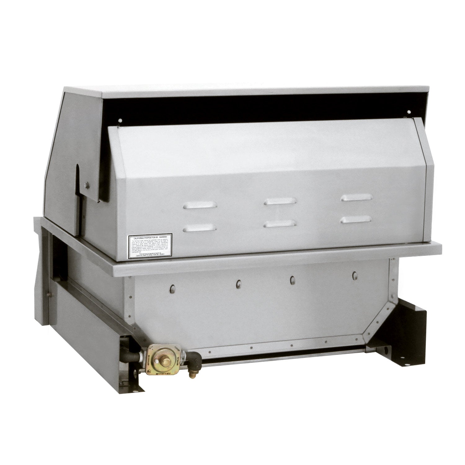 Built-in grill with open hood and rear burner assembly, stainless steel