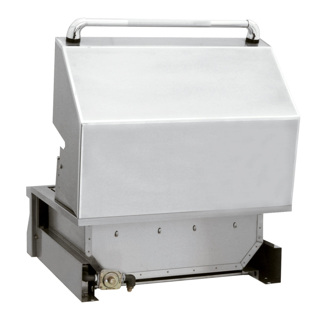 Stainless built-in grill with closed lid and side connection fittings