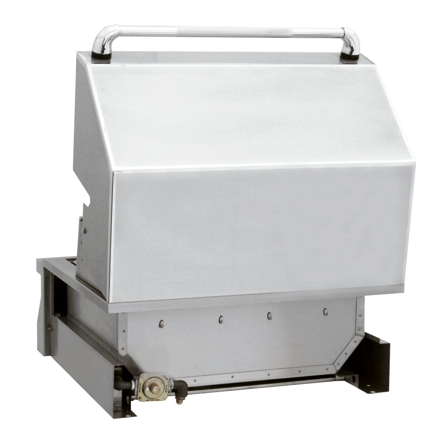 Stainless built-in grill with closed lid and side connection fittings