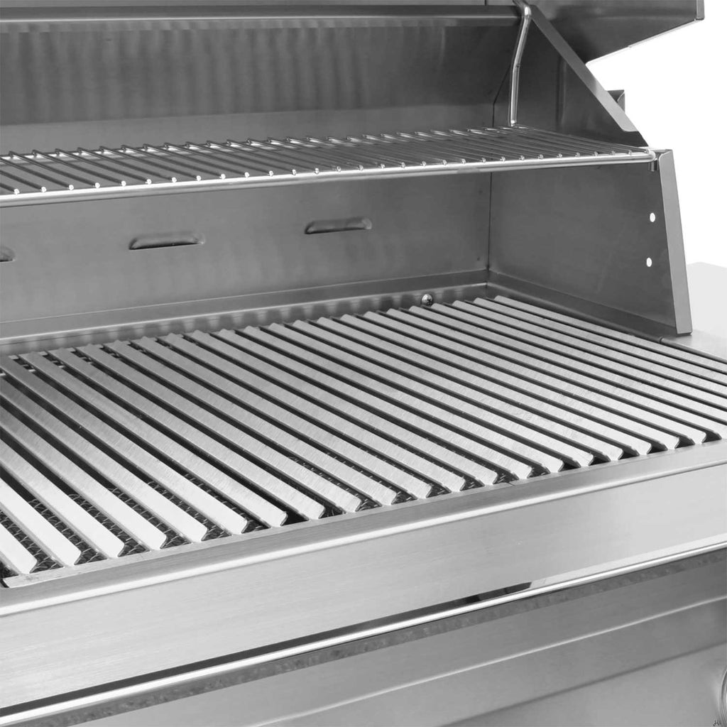 Open stainless grill with interior heat shield and cooking grates on freestanding cart.
