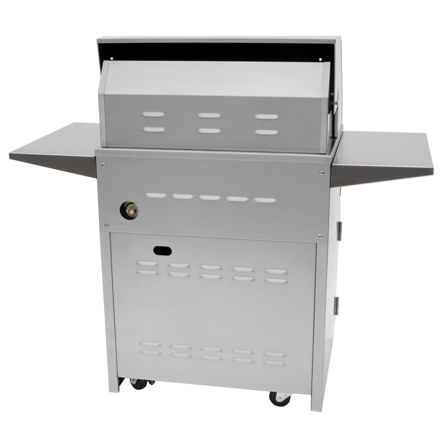 Freestanding stainless grill with vented rear heat shield and enclosed cart