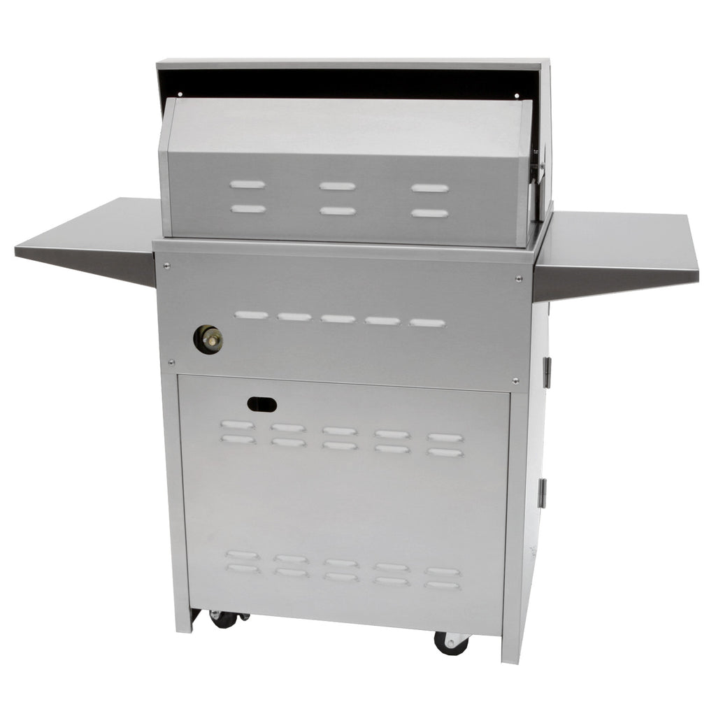 Freestanding stainless grill with open back panel, side shelves, and cart body.