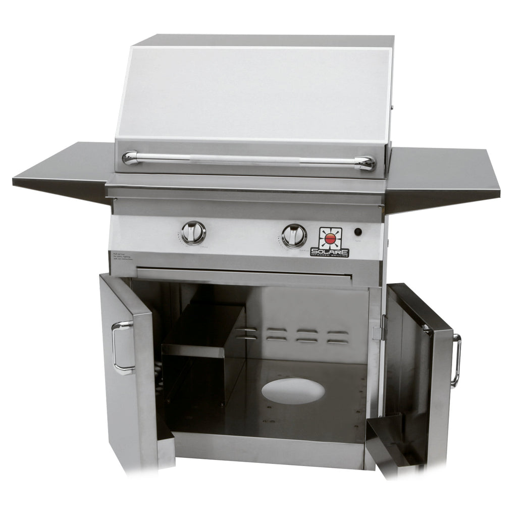 Freestanding stainless grill with open lid and two front access doors
