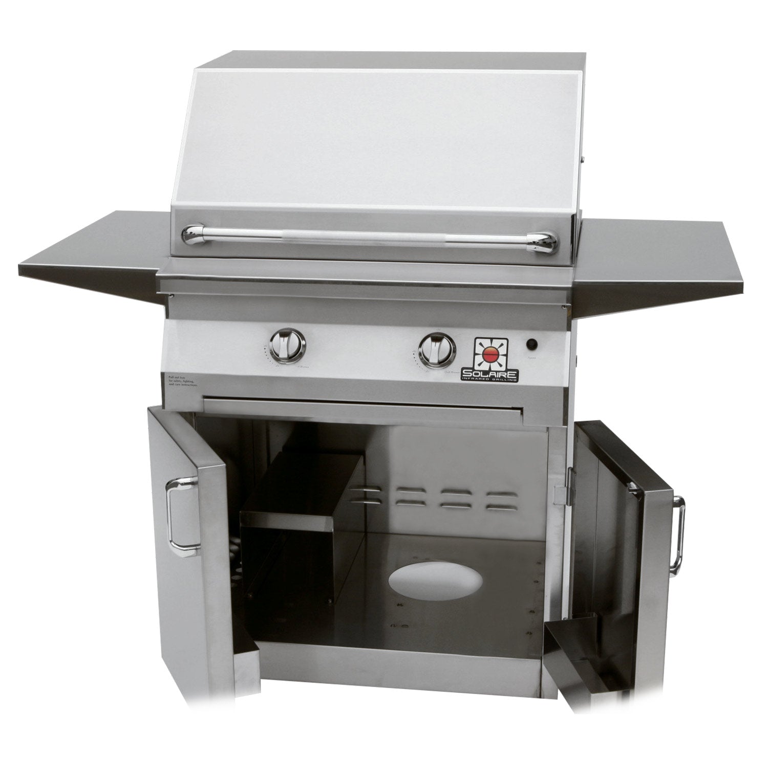 Freestanding stainless grill with open lid and two front access doors