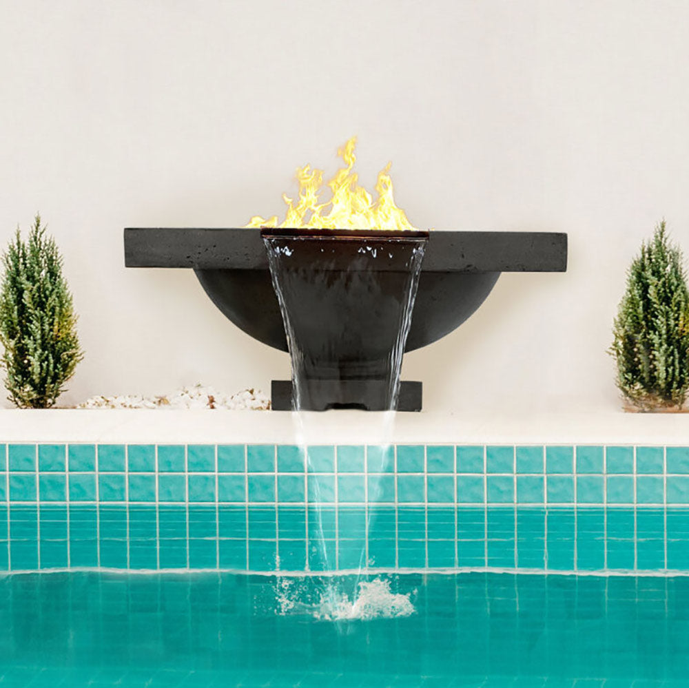 Concrete gas fire bowl with visible flames, mounted burner well, black finish