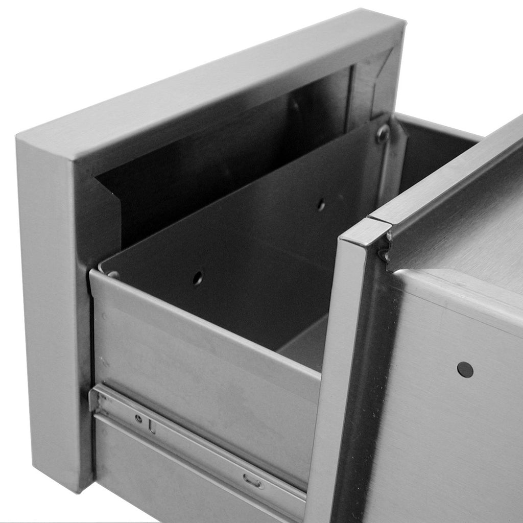 Open gray double access drawer with black interior and metal slides