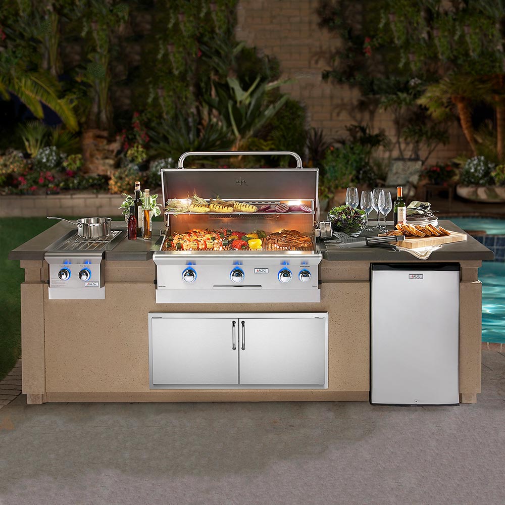 30-inch built-in gas grill with open hood, side burner, and two cabinet doors
