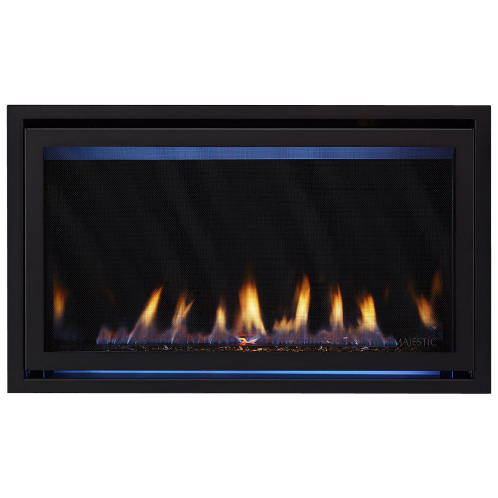 Black direct vent gas fireplace with glass viewing panel and burning flames