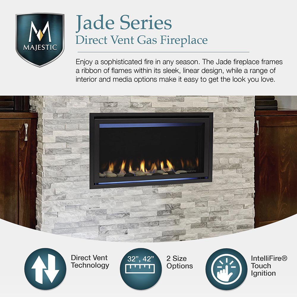 Direct vent gas fireplace set into a stone wall with black surround