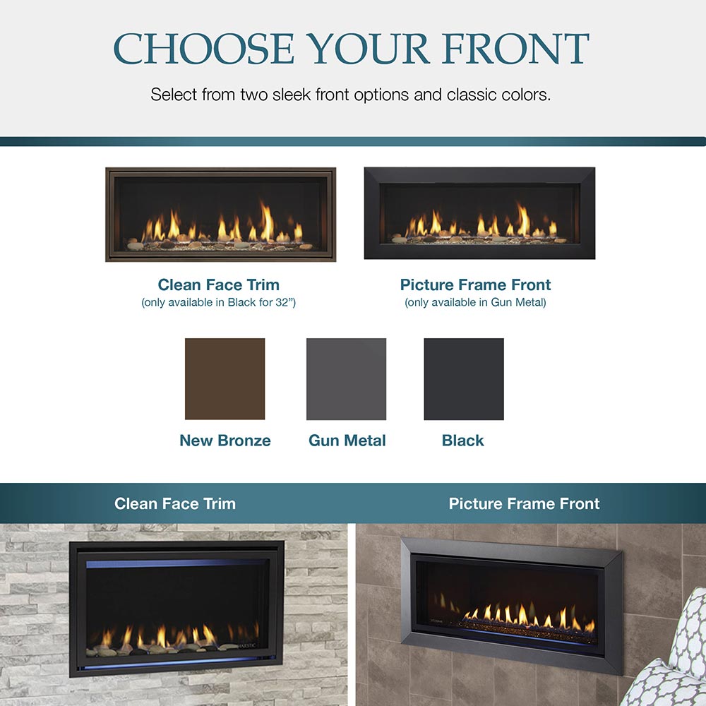 Direct vent gas fireplace front trim options graphic with clean face and frame styles