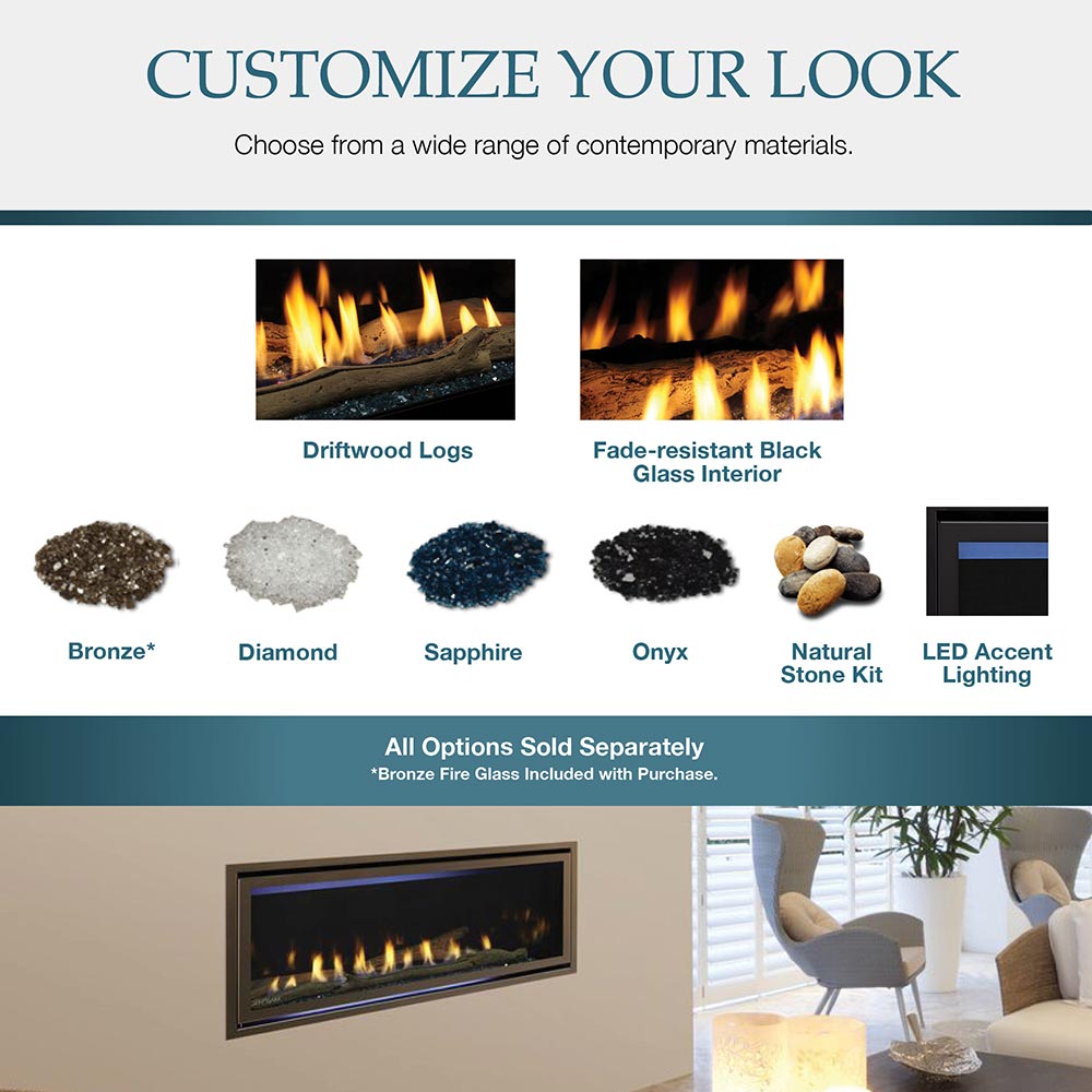 Direct vent gas fireplace media and lighting customization options graphic