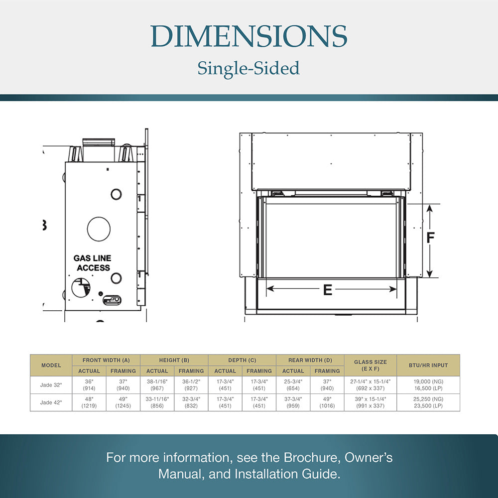 Dimensions diagram for single-sided direct vent gas fireplace