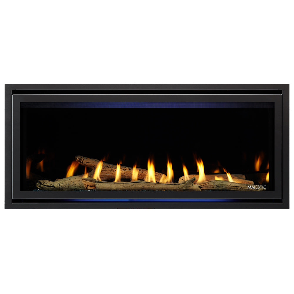 Direct vent gas fireplace with black trim and visible flames behind glass