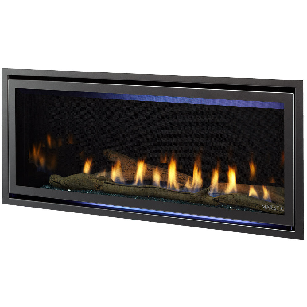 Direct vent gas fireplace with dark metal frame, burning flames visible behind glass
