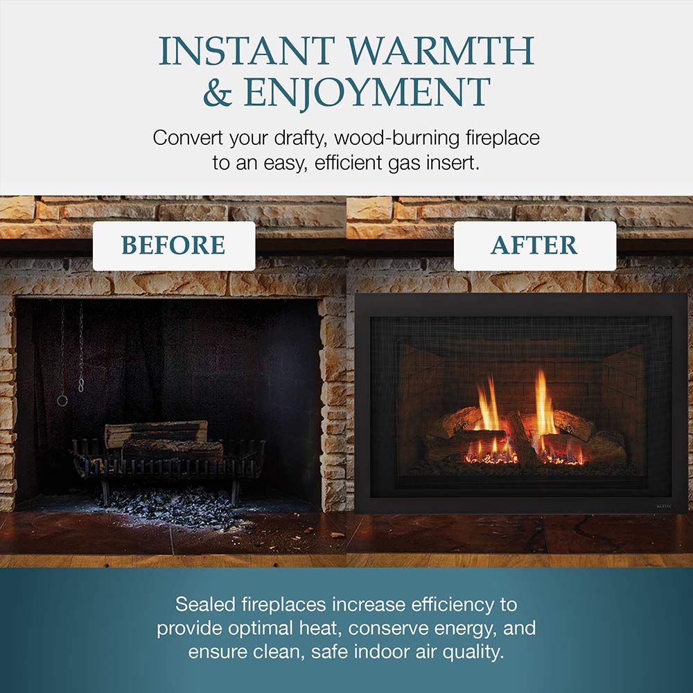 Gas fireplace insert before-and-after graphic with a lit firebox