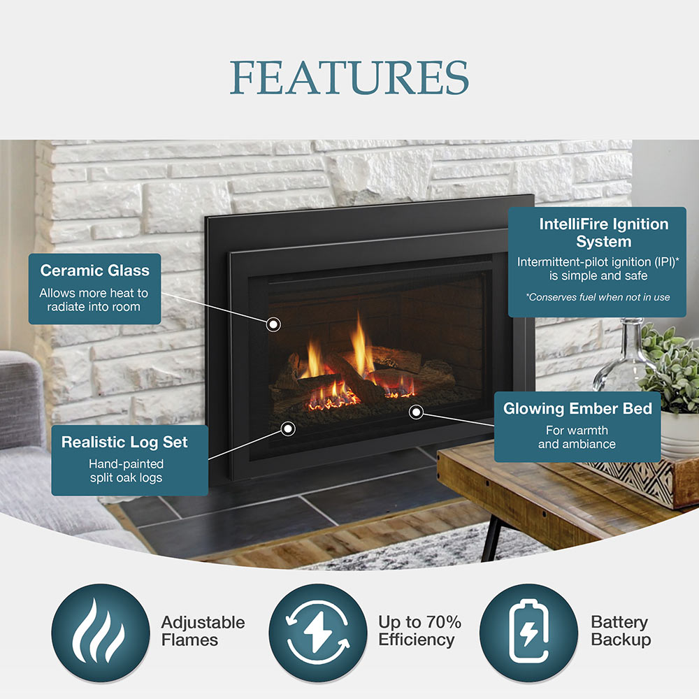 Gas fireplace insert features diagram showing ceramic glass and ember bed