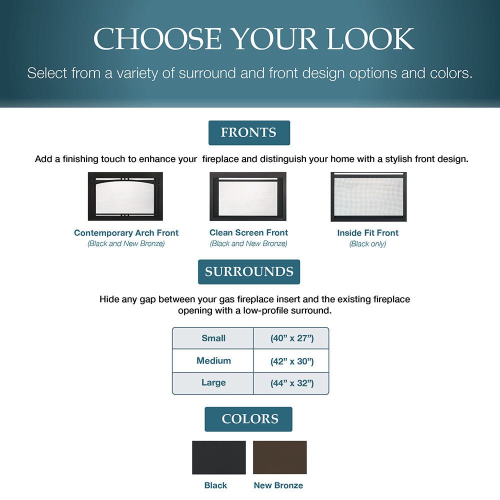 Fireplace insert front, surround, and color options chart with swatches