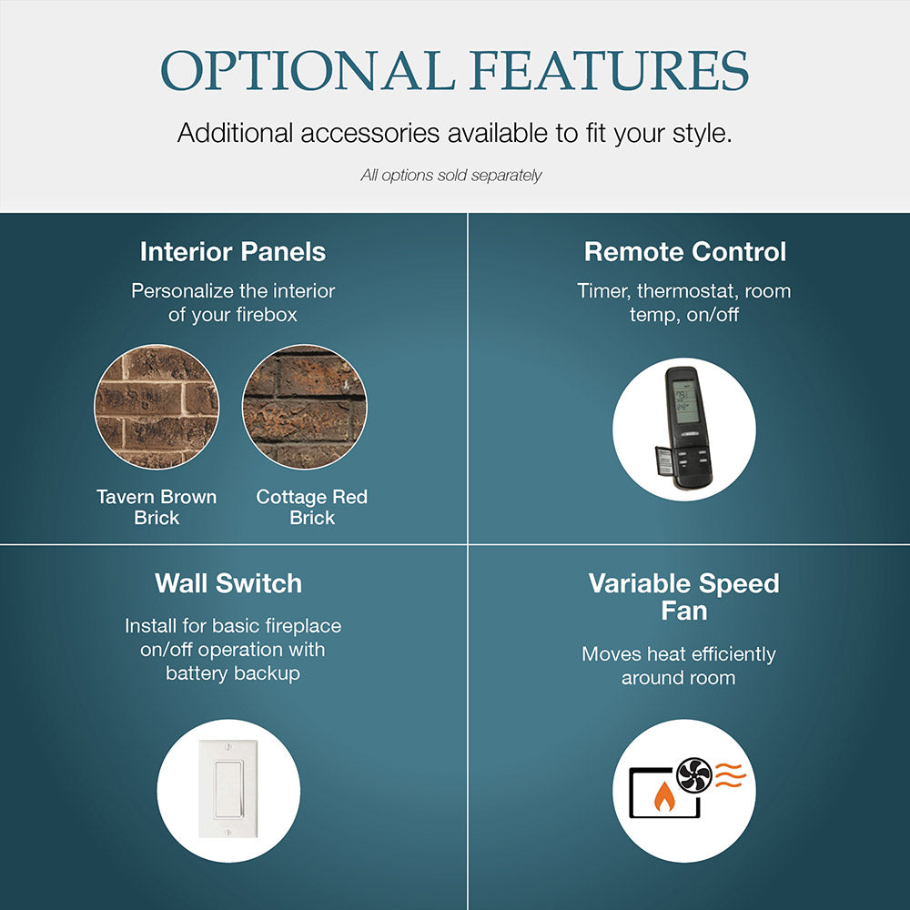 Optional accessories diagram for fireplace insert with remote control and wall switch