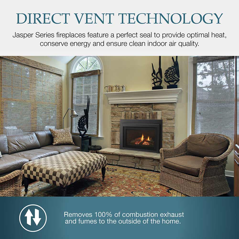 Direct vent gas fireplace insert with visible flame in a living room setting