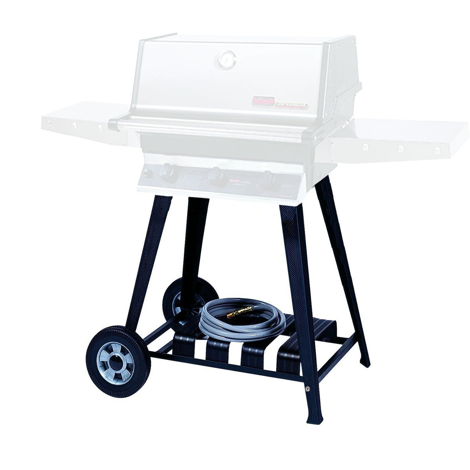 Aluminum grill cart with wheels, dark blue frame and side support shelves