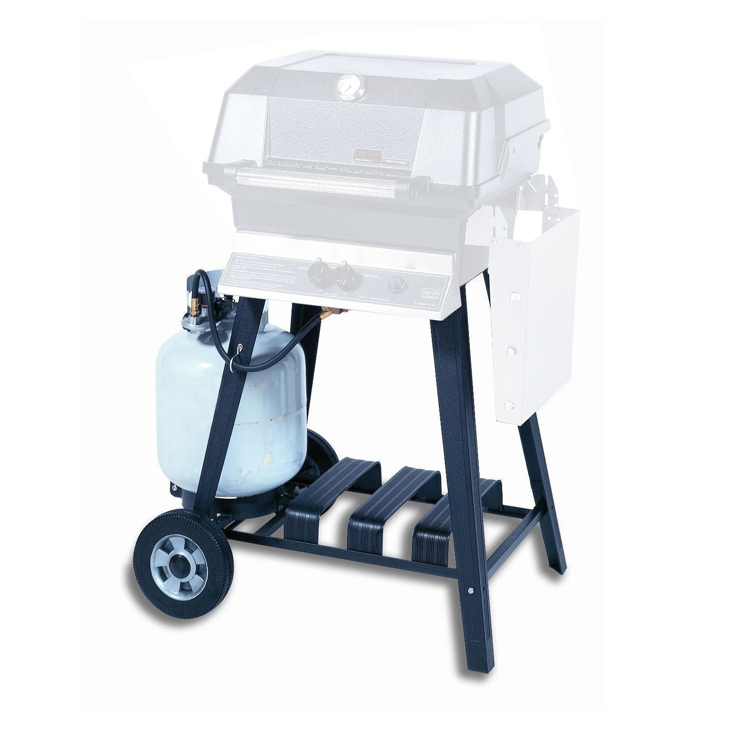 Aluminum BBQ grill cart with two wheels and propane tank holder, black legs