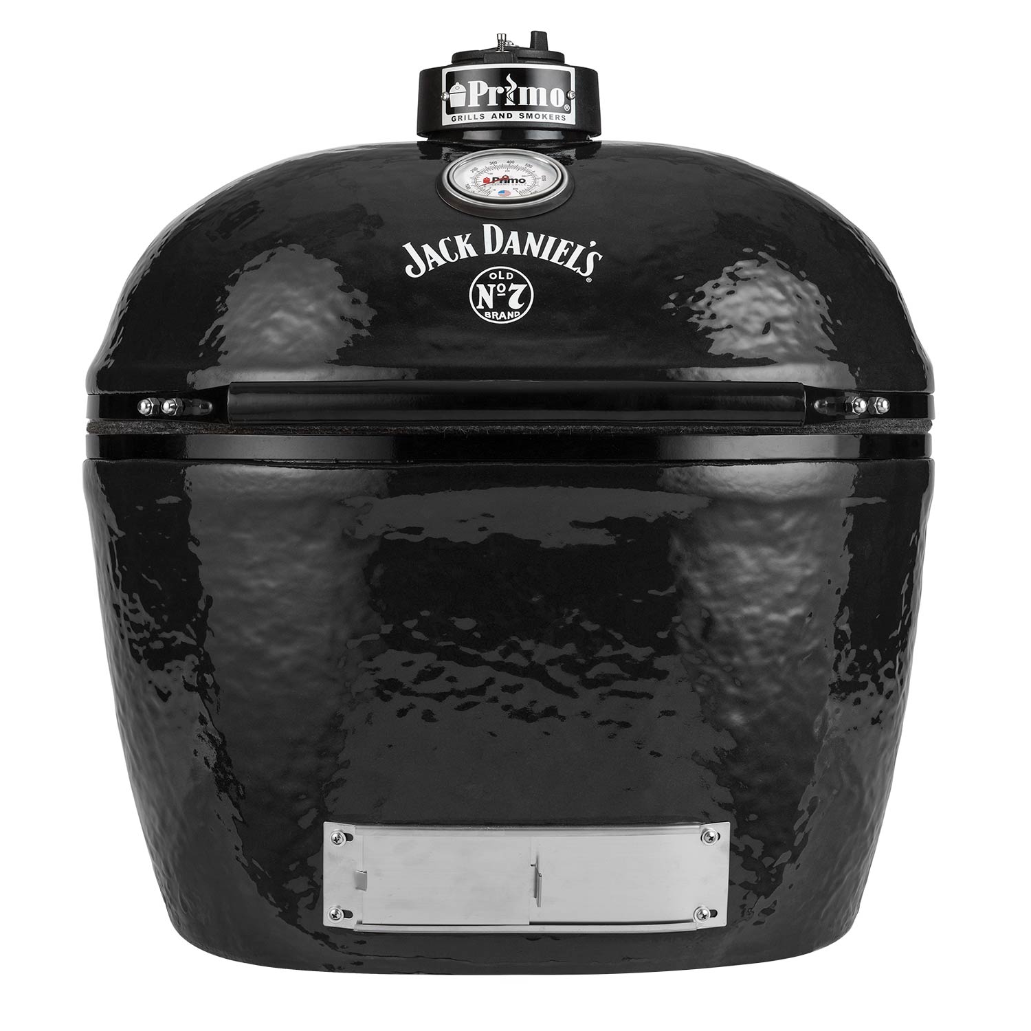 Charcoal oval ceramic kamado grill with lid, Primo badge and Jack Daniel's logo