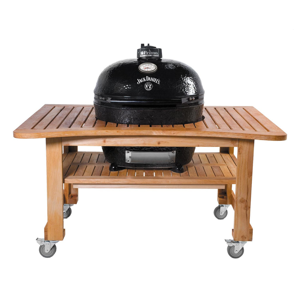 Oval charcoal ceramic kamado grill on wooden stand with caster wheels