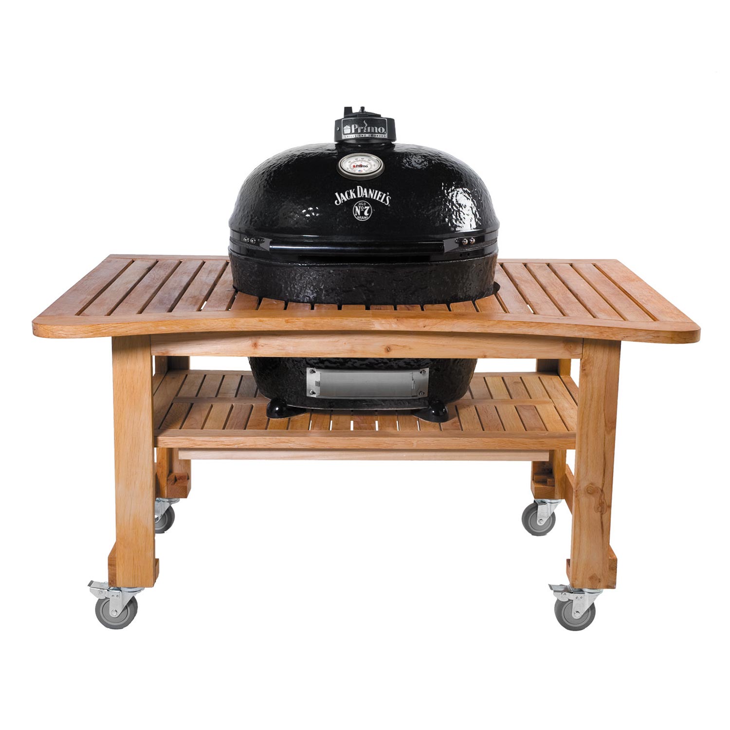 Oval charcoal ceramic kamado grill on wooden stand with caster wheels