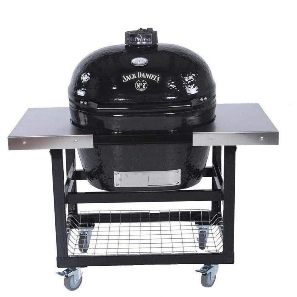 Oval ceramic charcoal kamado grill on cart with Jack Daniel's edition label
