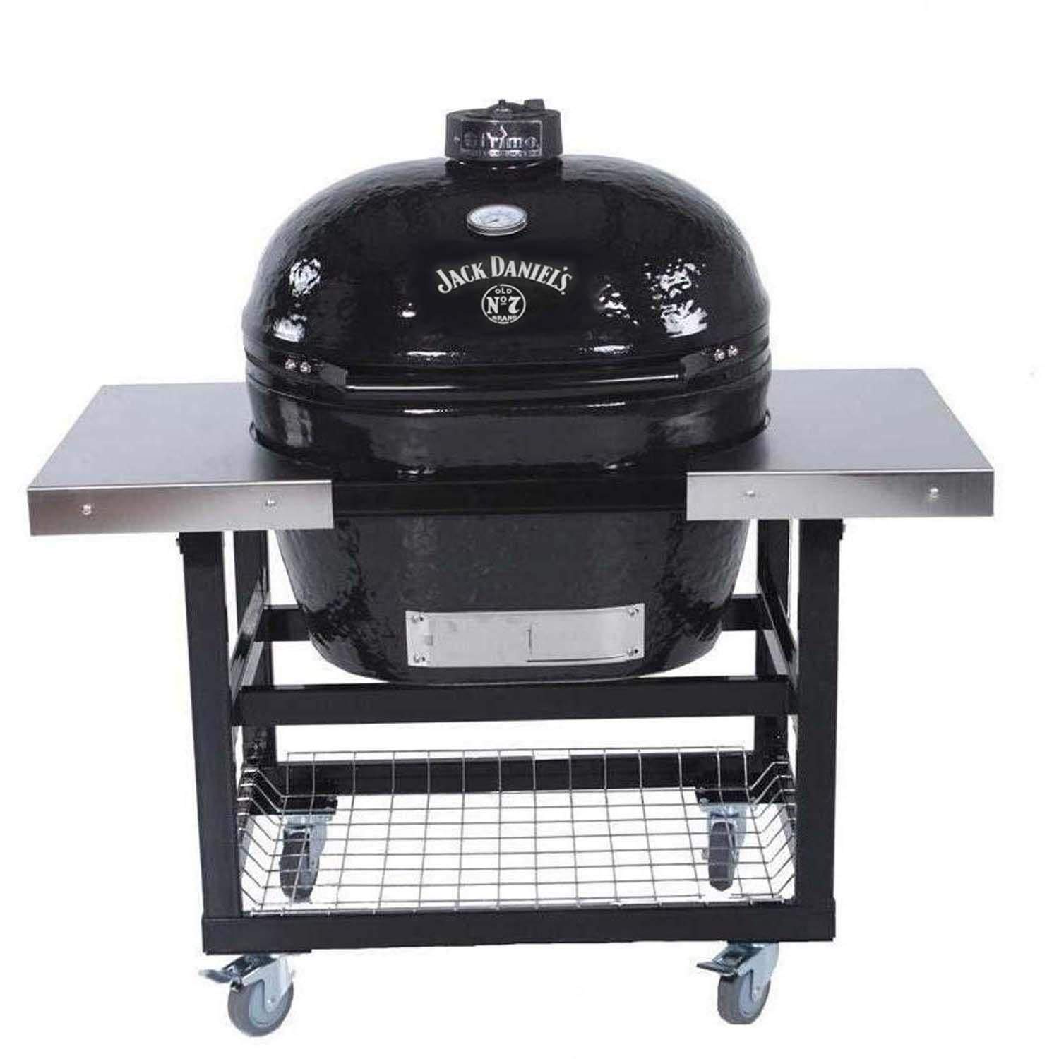 Oval ceramic charcoal kamado grill on cart with Jack Daniel's edition label