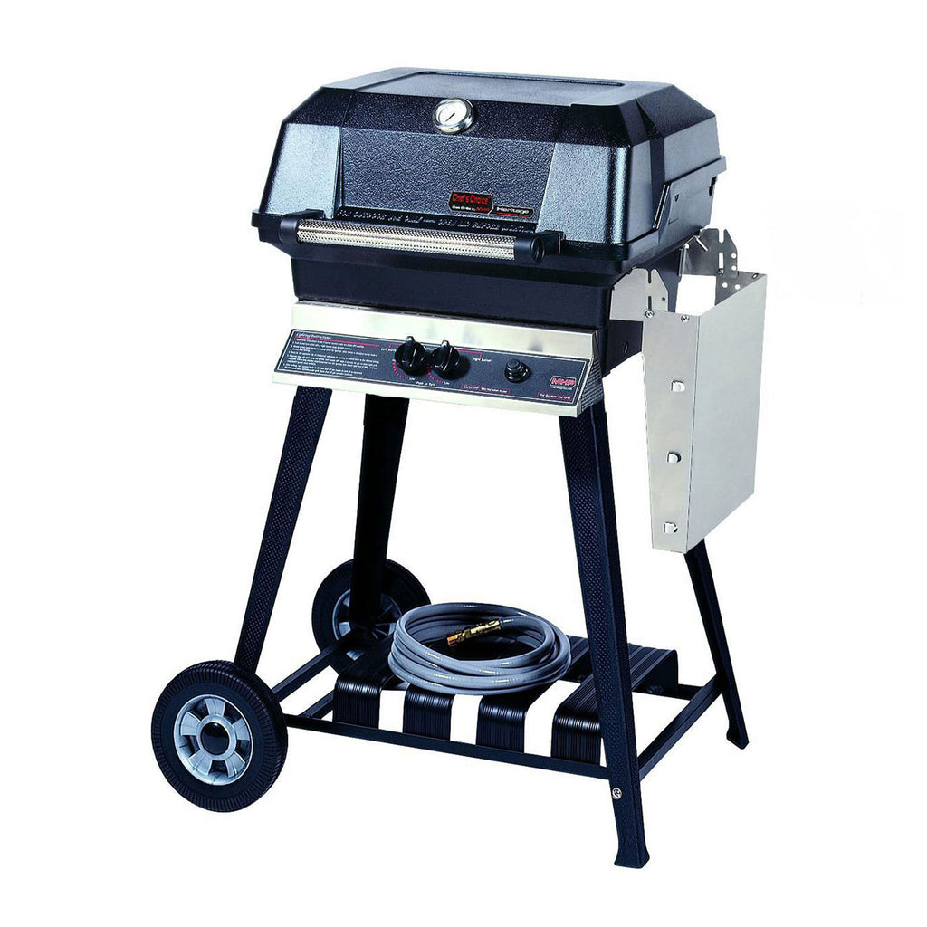 22-inch gas grill on cart with black lid, side panels, and four wheels