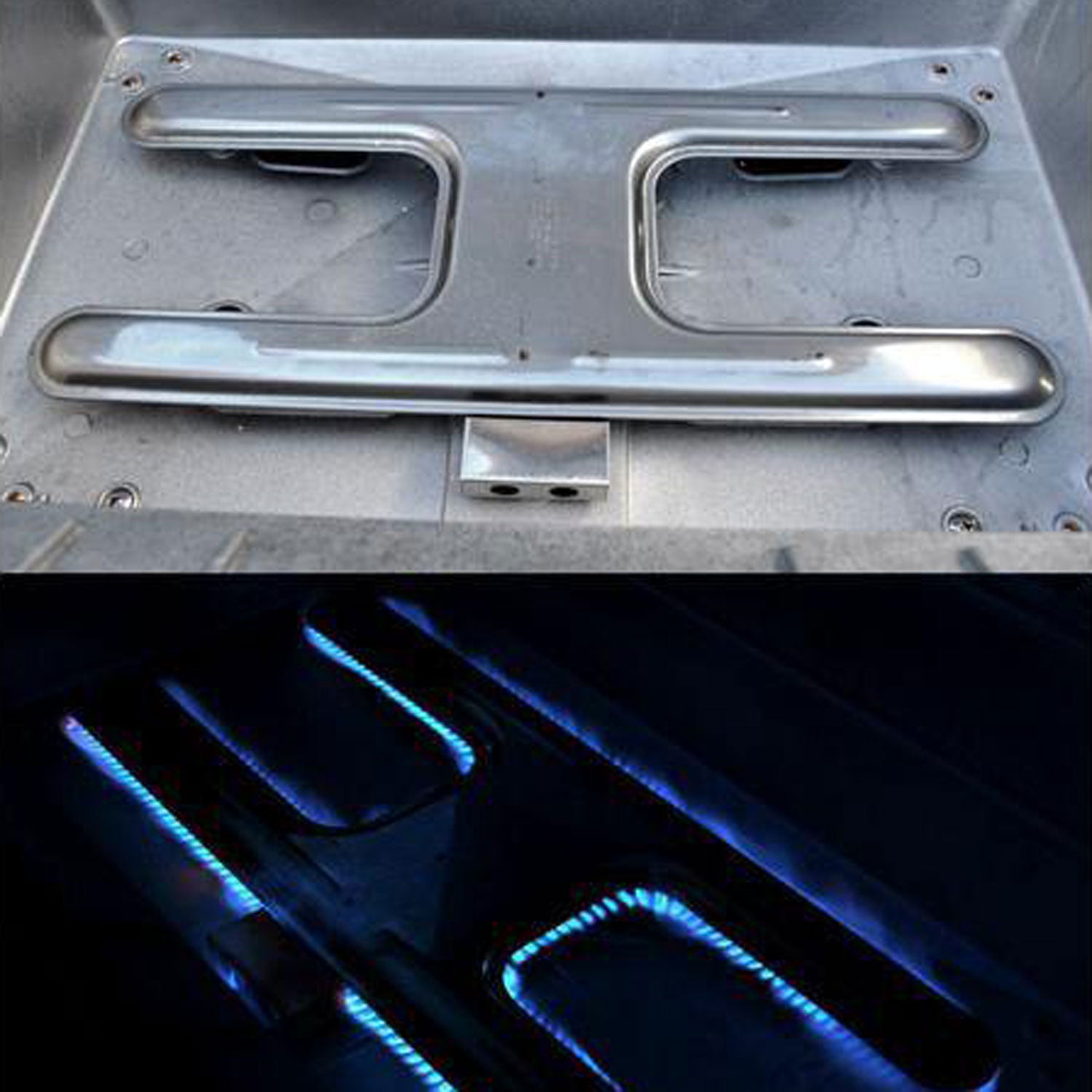 Gas grill burner compartment with stainless panel openings and blue-lit burners
