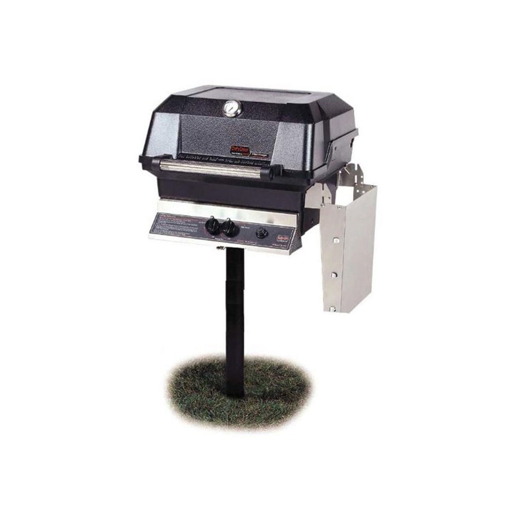 22-inch gas grill on patio base with black hood and side shelf