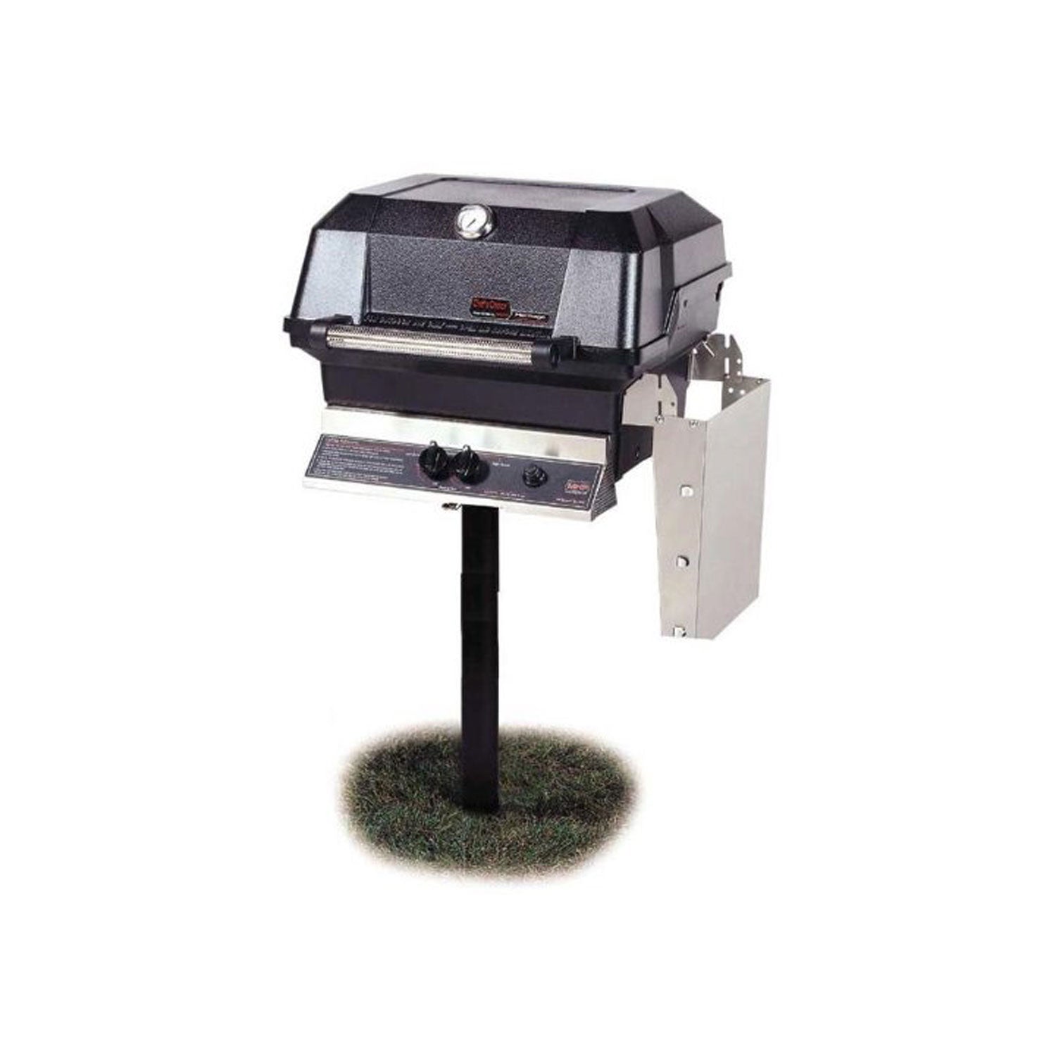 22-inch gas grill on patio base with black hood and side shelf