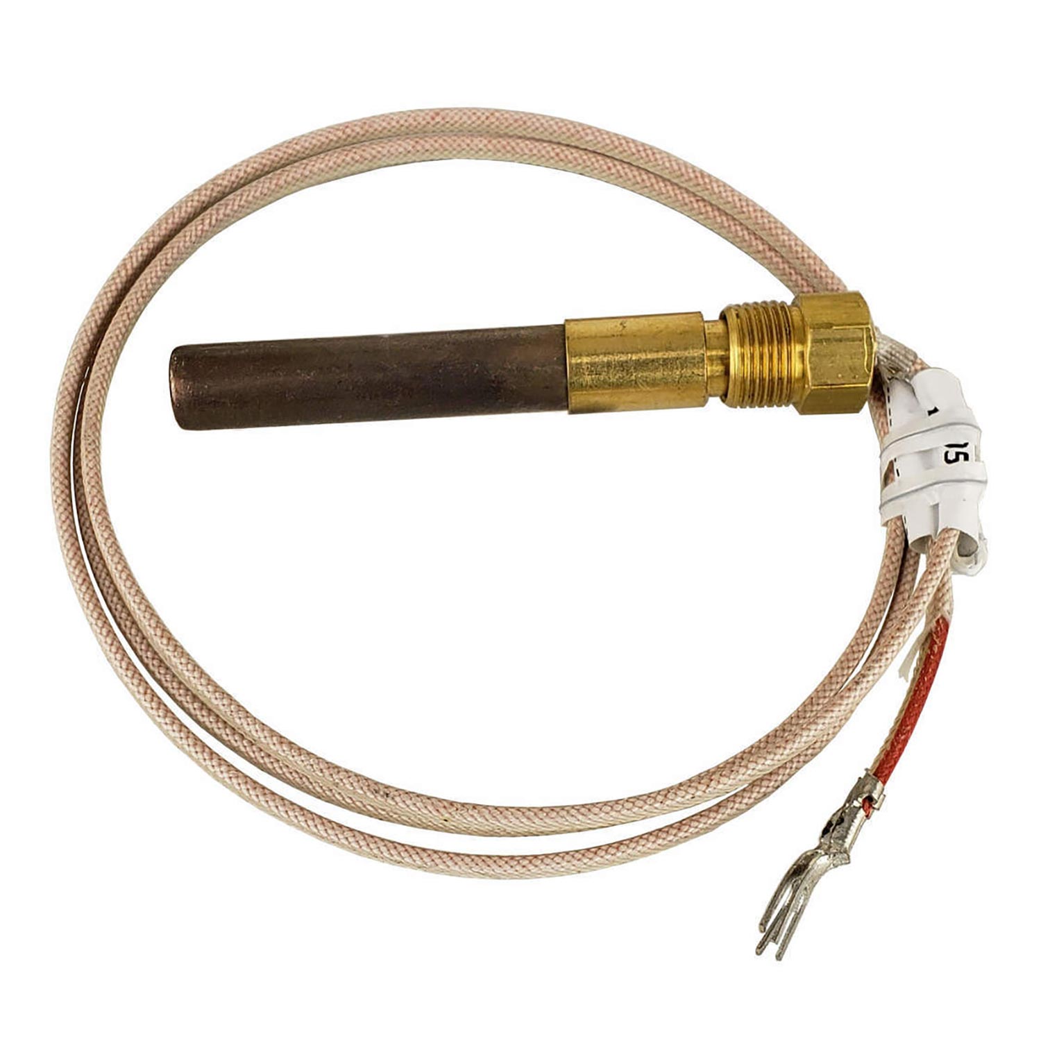 Rasmussen replacement thermocouple with braided cable and brass connector, two leads