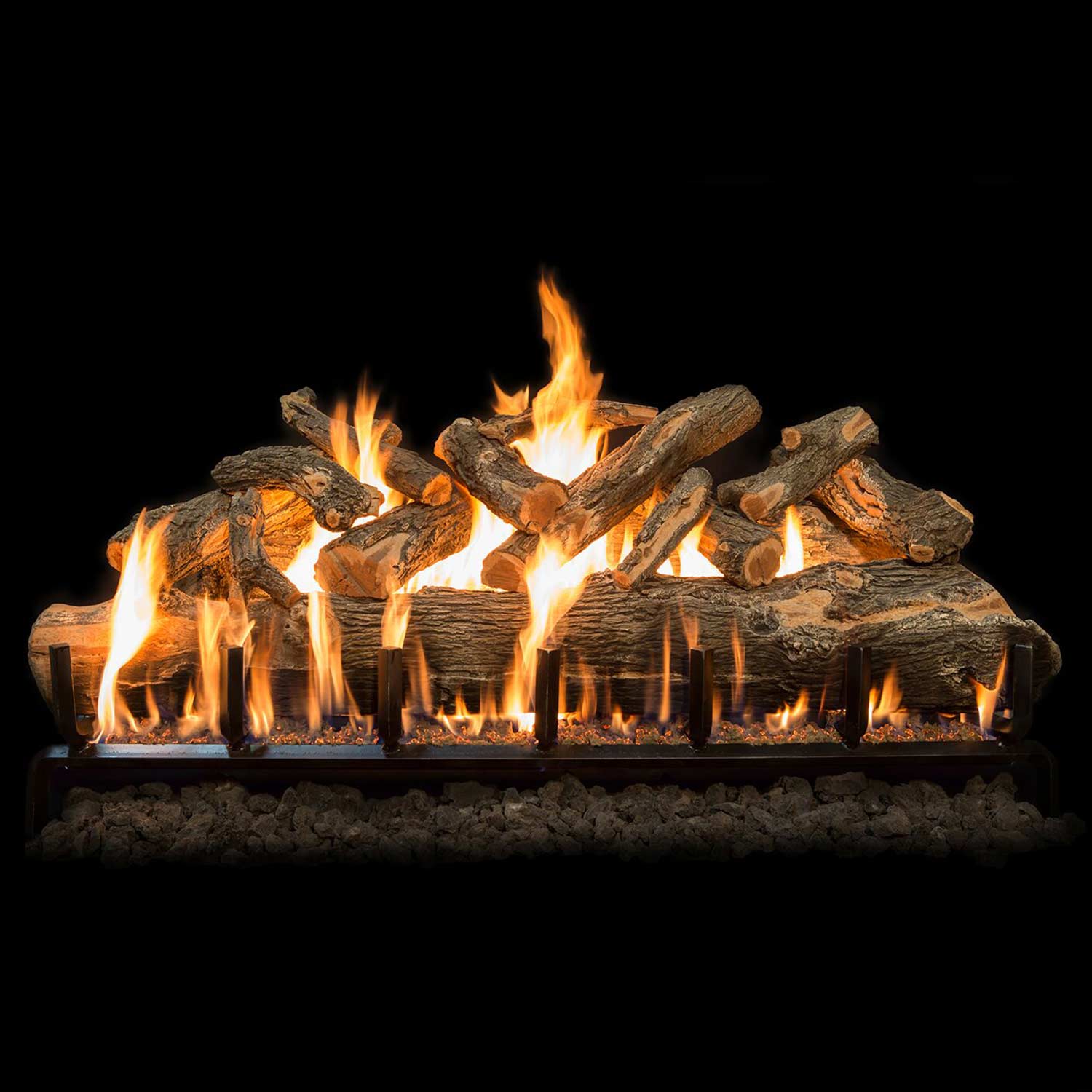 Weathered oak gas log set with burning flames on a burner tray